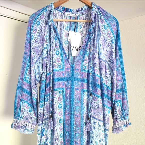 Zara* Printed Blue Midi Boho Dress - Picture 9 of 11